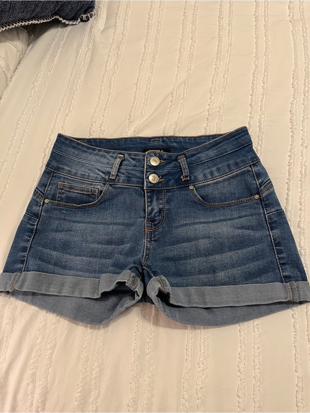 Forever 21 Double-Button Cuffed Dark Blue Denim Shorts